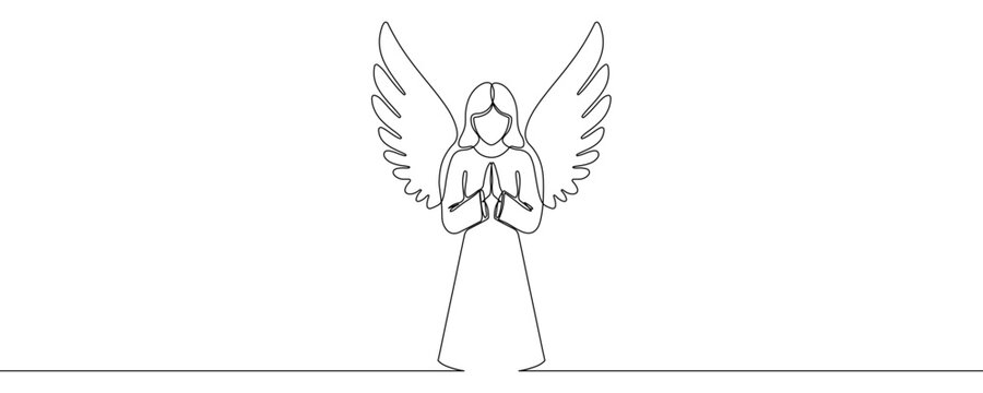 One continuous line of a praying angel with spread wings. Line art of an angel figure with hands folded in prayer. Drawing in one line style with a black stroke. Vector illustration.