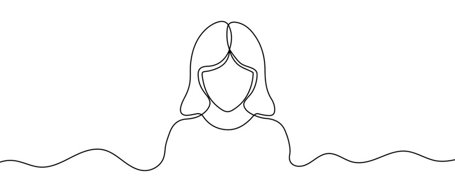 One continuous line of a girl's or woman's portrait. Line art of a female face and hair. Drawing in one line style with a black stroke. Vector illustration.