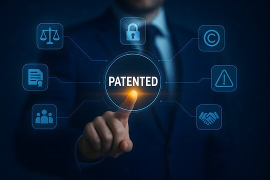 Businessman pressing patented button for technology invention rights and ownership