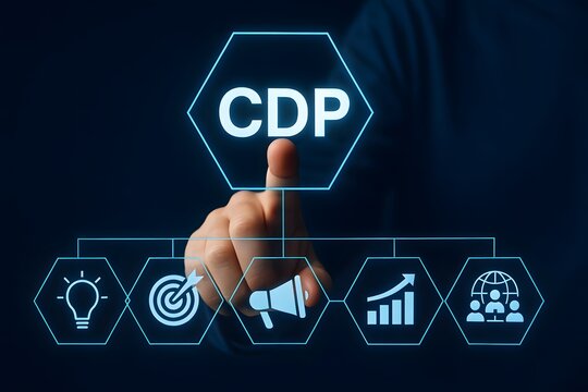 CDP marketing analytics interface with targeting growth and audience network icons