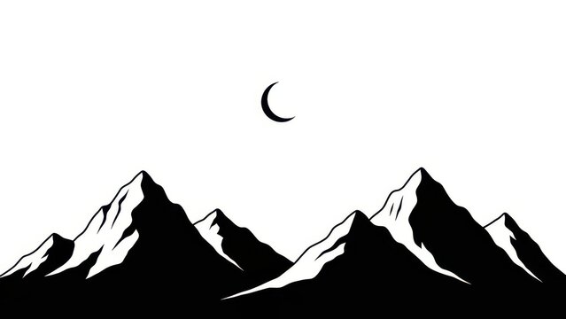 Minimalist black and white mountain range silhouette with crescent moon