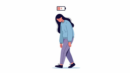 Fototapeta premium Illustration of a sad young woman walking alone with a low battery icon above her head on a white background.