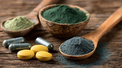 A detailed close-up shows fresh spirulina powder alongside its supplements arranged on a wooden surface, highlighting natural texture, color, and organic origin	