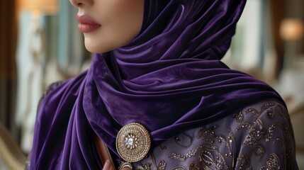 A refined woman wearing a royal purple velvet hijab embellished with a diamond brooch,shown in an intimate luxury close-up