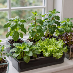 Fototapeta premium Small, modern planter houses vibrant indoor garden of fresh herbs and vegetables on a windowsill