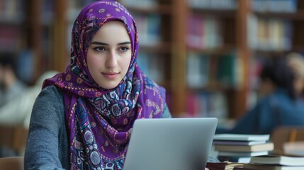 Young female student wearing modern purple hijab with traditional patterns, university campus library, studying with books and laptop, soft natural lighting