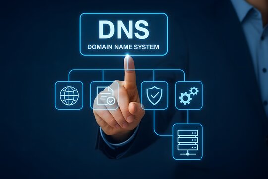 DNS domain name system concept with network security and server infrastructure icons