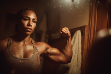 Bodybuilder showcasing strength in reflective mirror during workout session Generative AI