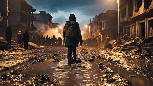 A lone figure stands amidst destruction and chaos on a desolate street littered with debris and rubble
