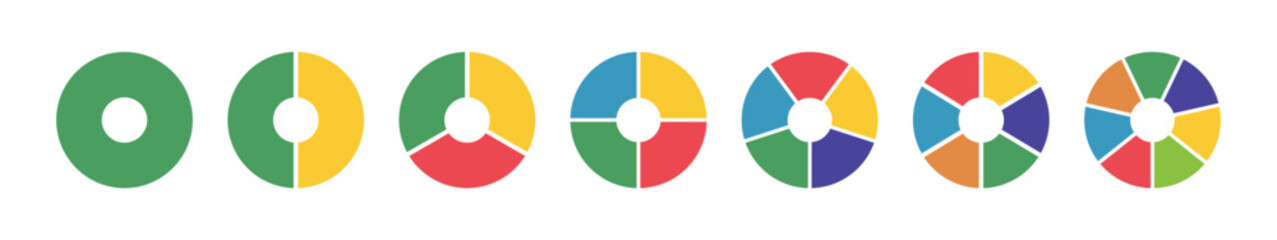 Donut charts, pies segmented on from 1 to 7 equal parts. Diagrams infographic circle section graph from one to seven steps. Loading bar. Wheels divided in sections. Pie, pizza chart round icon layout.