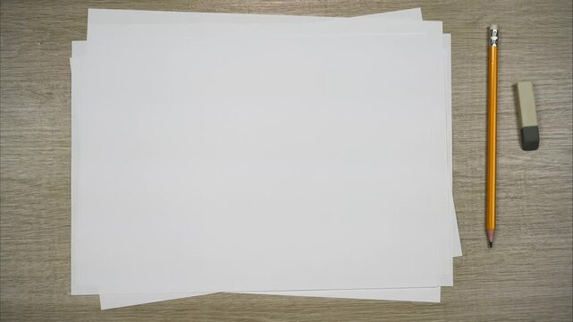 White paper sheets with pencil and eraser on the table. Top view. Stop motion