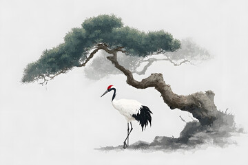 Fototapeta premium Elegant Red-Crowned Cranes on Pine Branch