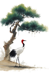 Obraz premium Elegant Red-Crowned Cranes on Pine Branch