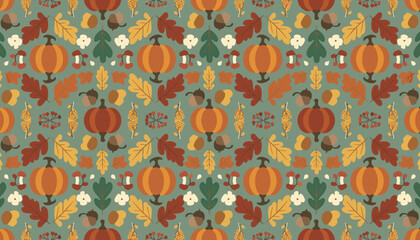 Seamless autumn pattern with colorful pumpkins fall leaves and acorns on a green background © Business Solution