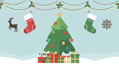 Festive flat design Christmas background with tree gifts stockings reindeer and string lights © Business Solution