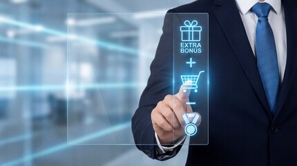 Professional businessman in a dark suit interacts with a futuristic virtual display in a modern office with glowing blue light showcasing shopping and