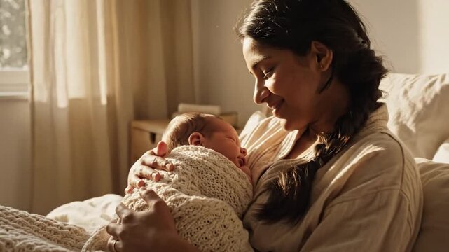 A mother of diverse ethnicities sat on the bed, gently rocking her baby. Soft morning sunlight streamed through the linen curtains; a simple, serene atmosphere.