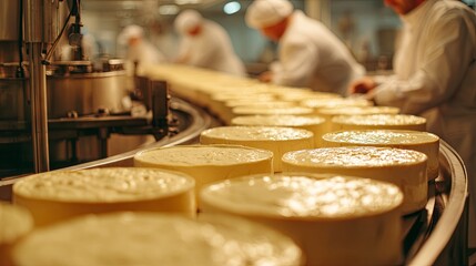 Industrial cheese production process in a modern dairy factory with automated equipment, quality control, and hygienic food manufacturing environment
