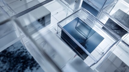 Obraz premium Futuristic mirrored architecture interior with geometric reflections in modern minimal blue palette