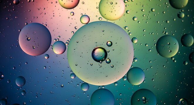 Vibrant abstract liquid background with colorful oil and water droplets in a macro shot, creating an iridescent and dynamic visual texture
