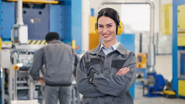 Smiling Caucasian female worker wearing gray uniform and yellow ear protection standing with crossed arms at factory. Confident woman posing near industrial machinery at manufacturing facility.