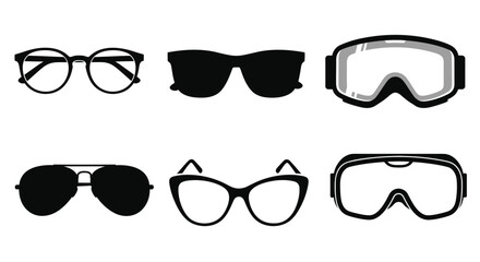 Glasses and goggles icons set. Vector sunglasses, ski and safety eyewear