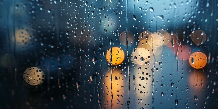 Rainy night cityscape viewed through a wet window with blurred lights