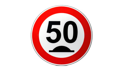 A circular traffic sign displaying a 50 speed limit on a white background with a red border and black text viewed from the front
