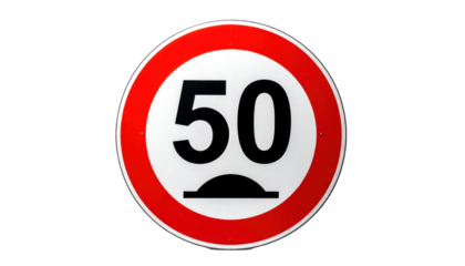 A circular traffic sign displaying a 50 speed limit on a white background with a red border and black text viewed from the front
