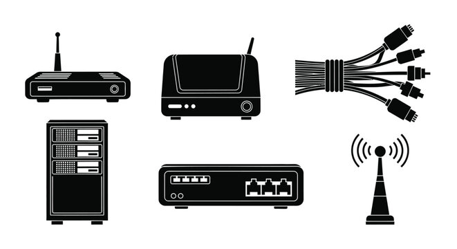 Network equipment icons set. Vector router, server and cables
