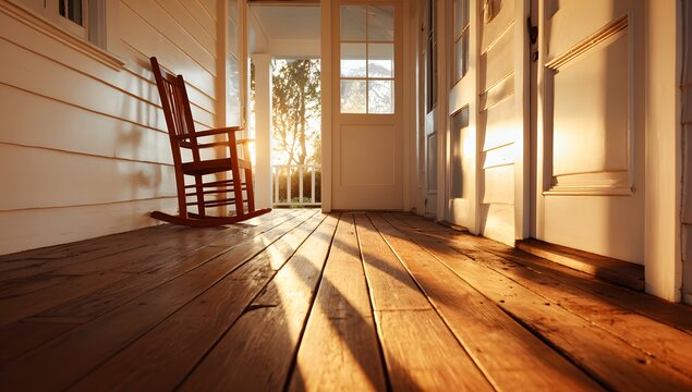 Sunlight streaming through wooden porch with rocking chair at golden hour
