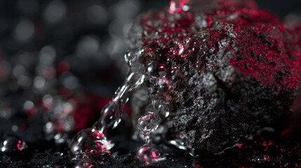 Fototapeta premium Dark abstract scene with splashing liquid and red glitter for experimental texture and artistic concept