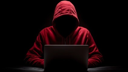 Anonymous hooded hacker using laptop in dark cyber security concept scene