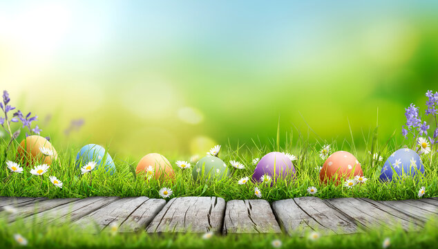 Seven painted easter eggs celebrating a Happy Easter on a spring day with a green grass meadow, bright sunlight and a warm colour background with copy space and a wooden bench to display products.