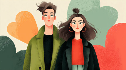 Illustration of cute couple standing together with hearts in background - ai generative