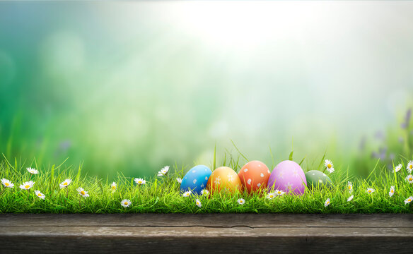 Five painted easter eggs celebrating a Happy Easter on a spring day with a green grass meadow, bright sunlight and a cool colour background with copy space and a wooden bench to display products.