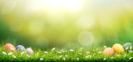 Obraz premium Six painted easter eggs celebrating a Happy Easter on a spring day with a green grass meadow, bright sunlight and a warm colour background with copy space.