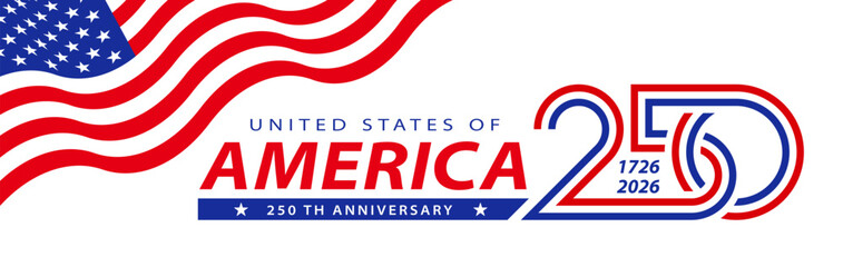 Fototapeta na wymiar America 250 Years Anniversary Background. Waving Patriotic Banner. USA Celebration Design