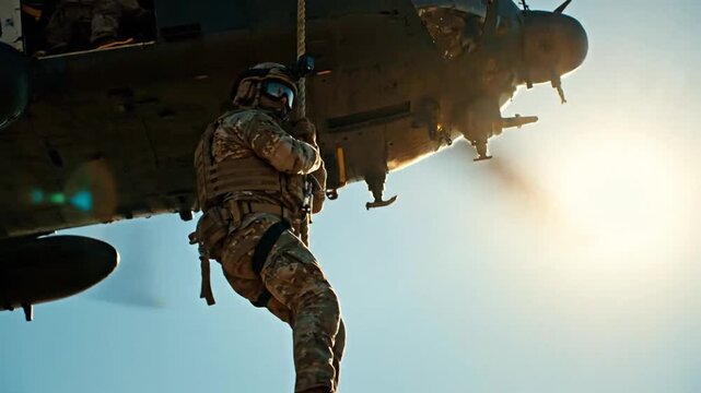 Elite military operative performs a challenging airborne rappelling descent from a powerful helicopter, demonstrating expert tactical skills and courage under a bright, clear sky