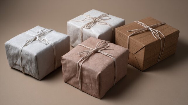 Gift boxes wrapped in neutral paper with string on brown background for natural, rustic packaging or holiday scene