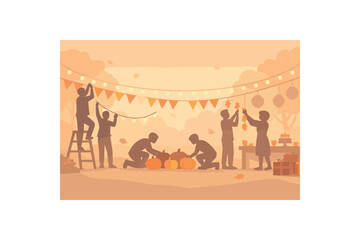 Naklejka premium Flat vector background illustration of an autumn holiday party decoration setup with simplified people silhouettes hanging garlands and setting pumpkins silhouette decor haze style clean 2D