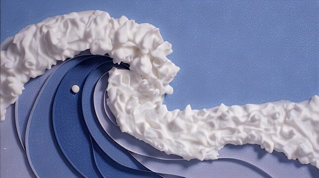 Layered wave illustration creamy white froth over stylized, graduated blue ocean on a speckled, pastel background