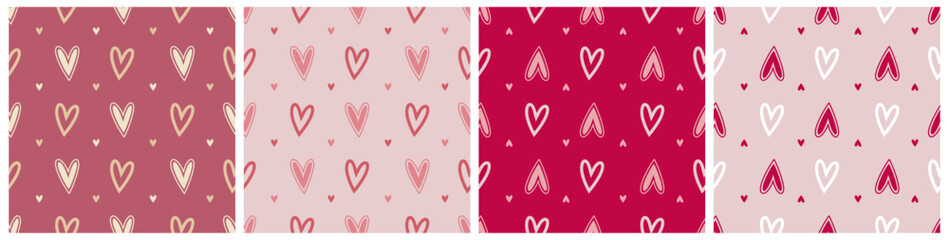 Set of Valentine seamless pattern with hand drawn hearts. Vector illustration