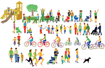Gro&szlig;e Menschengruppen in der Freizeit mit Eltern und Kindern  Illustration