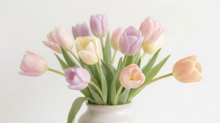 Fototapeta premium Pastel tulip bouquet in ceramic vase on white background with soft light