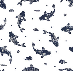  Seamless Horizontal Pattern of Graceful Koi Fish Silhouettes with Traditional Asian Cloud and Floral Motifs.
