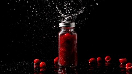 Dark background with red juice splashing from bottle for bold beverage product advertisement or dramatic branding photography scene composition