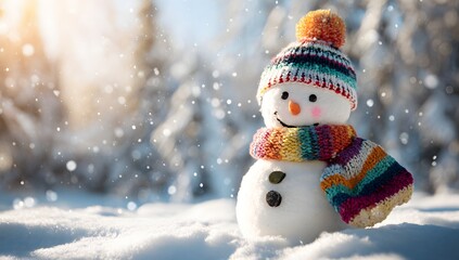 Fototapeta premium Cute snowman wearing colorful scarf and hat in snowy winter landscape