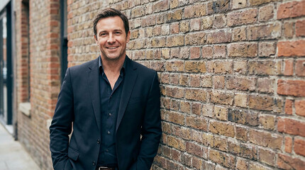 businessman with hands in pockets leaning on wall 