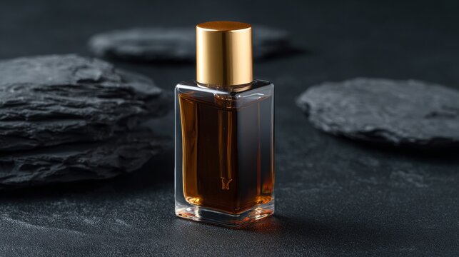 Elegant dark glass perfume bottle on stone surface for luxury fragrance branding or premium cosmetic product photography presentation